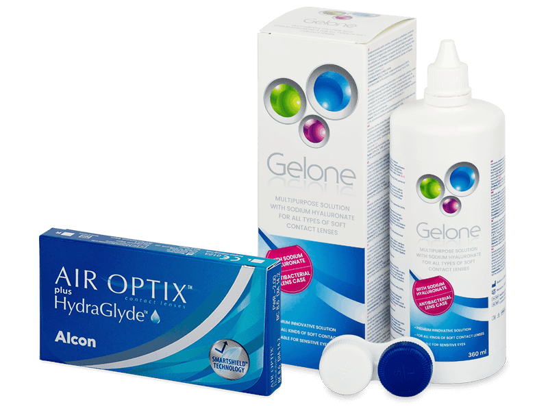 Air Optix plus HydraGlyde (3 lentile) + soluție Gelone 360 ml - Výhodný balíček